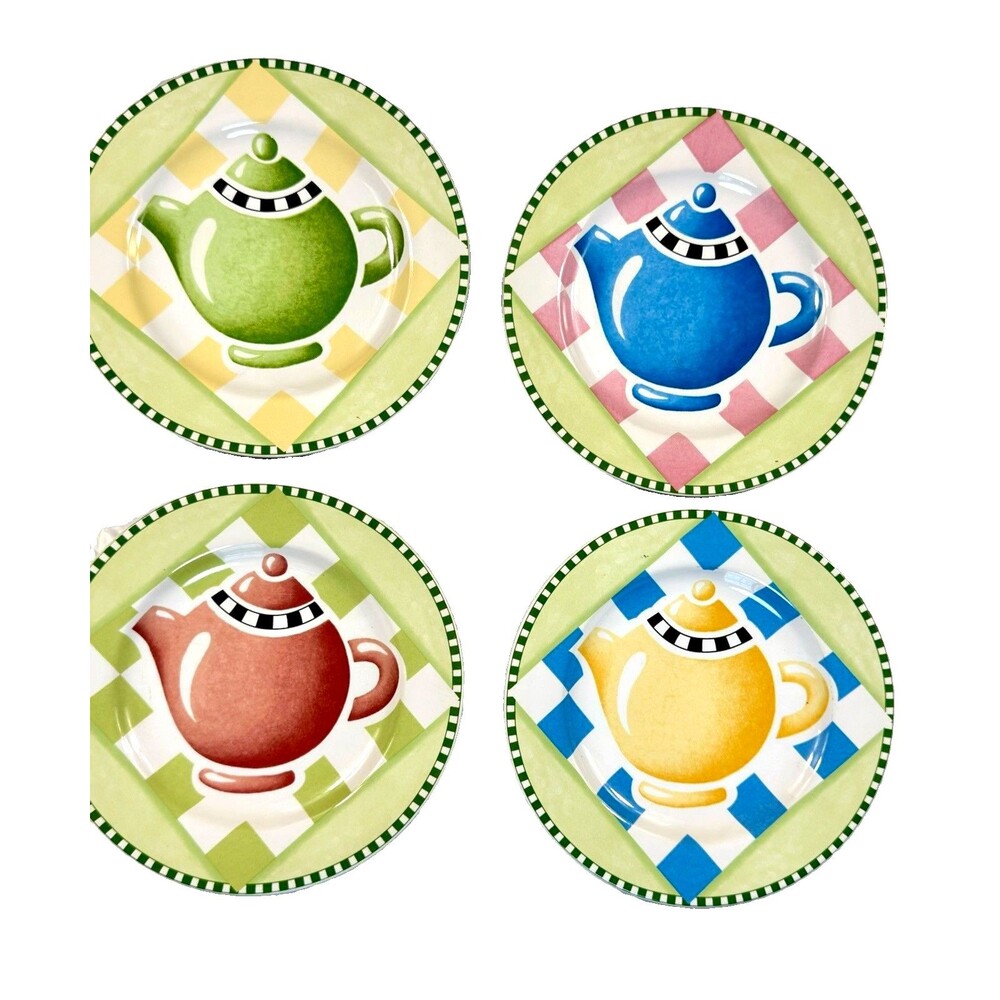 Mary Engelbreit Tea Time Set of 4 Stoneware Salad/Dessert 8" Plates Sakura Table